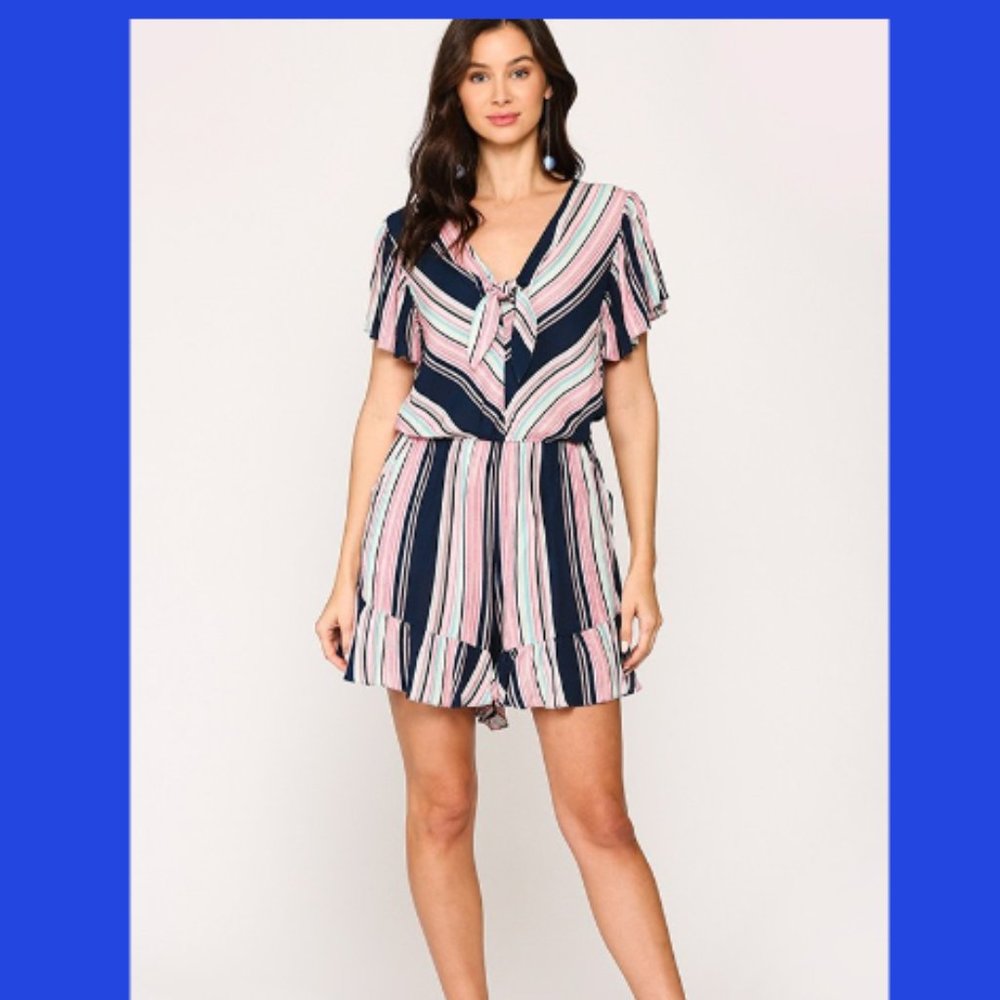 New Gigio S 4 6 Navy Colorful Striped Tie Front V-Neck Ruffled Wide Leg Romper